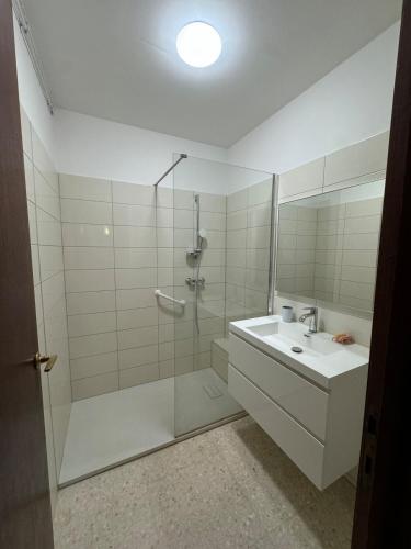 une salle de bain blanche avec une douche et un lavabo dans l'établissement Appartement Nîmes, centre-ville, à Nîmes