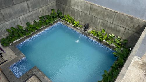 an overhead view of a blue swimming pool with plants at Villa Ostara Kota Batu in Batu