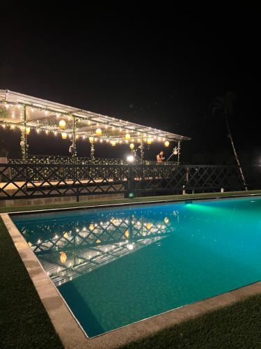 a swimming pool lit up at night with lights at Glamping Mirador El Tunel in Estación El Salto