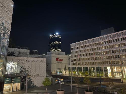 une ville la nuit avec un grand bâtiment en arrière-plan dans l'établissement App B, à Lyon