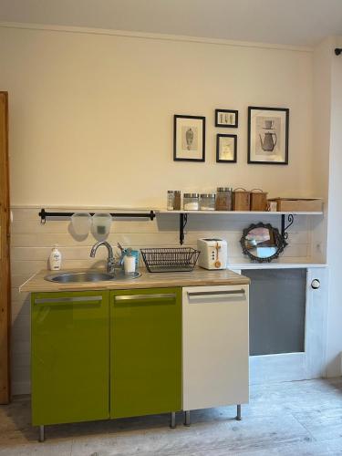 a kitchen with green cabinets and a sink at Willa Avita in Karpacz