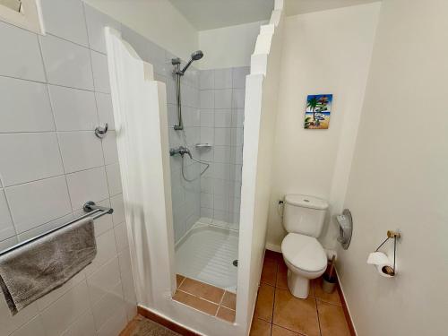 a small bathroom with a toilet and a shower at Studio Evasion Coco vue Jardin Tropical - Pierre & Vacances in Sainte-Luce
