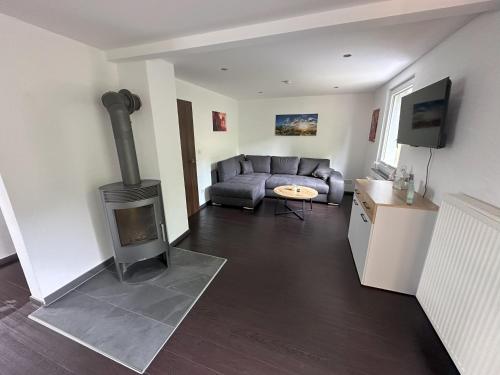 a living room with a couch and a fireplace at Ferienhaus EifelJECK in Blankenheim