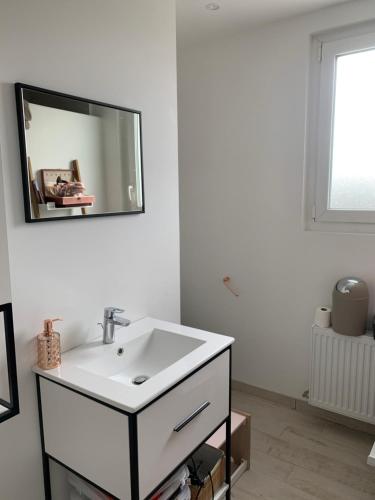 une salle de bain avec un lavabo et un miroir au mur dans l'établissement Maison GROSBOIS, à Arnage