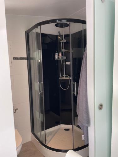 a shower with a glass door in a bathroom at Les Loriots - Studio indépendant, refuge nature entre Aix et Marseille in Auriol