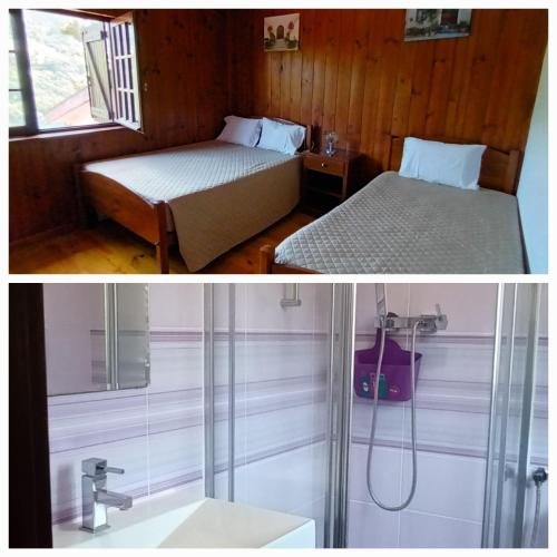 a bedroom with a bed and a shower and a sink at Casa do Cadaval in Rio Caldo