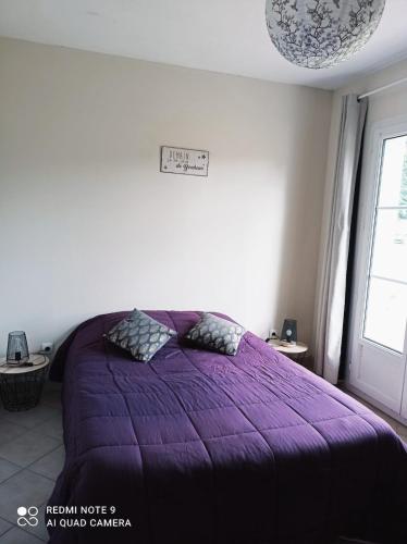 une chambre avec un lit violet et une fenêtre dans l'établissement hébergement 3 PERS MAX proche chateaux et zoo Beauval, à La Celle-sous-Gouzon
