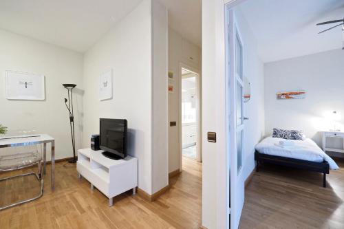 バルセロナにあるPlaza Espanya Apartmentのベッドルーム1室(ベッド1台、テレビ付)