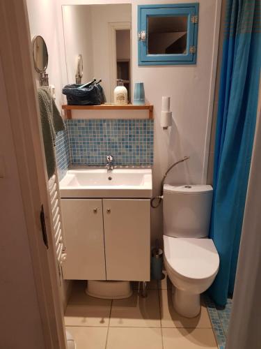 une petite salle de bain avec un lavabo et des toilettes dans l'établissement Maison de pêcheurs 50 m de la Plage d'Avall, à Collioure