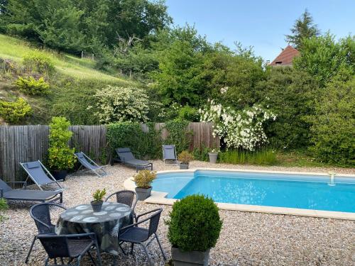 un patio avec une table et des chaises à côté d'une piscine dans l'établissement La Colline d'Orance Chambres d'hôtes, à Proissans