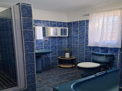 a blue tiled bathroom with a toilet and a sink at Kalahari Kaja in Kuruman