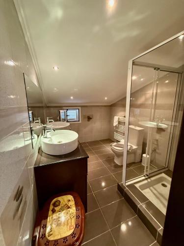 a bathroom with a sink and a shower and a toilet at Paradise Apartments in Laganas