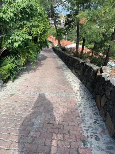 a shadow of a person on a brick path at Loft con vista al lago in Querétaro