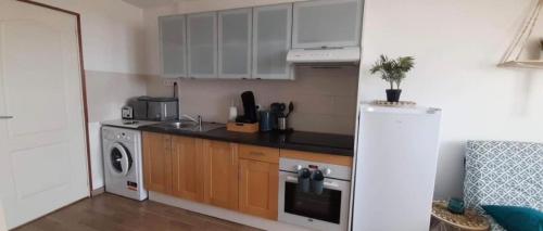 Il comprend une petite cuisine équipée d'une cuisinière et d'un réfrigérateur. dans l'établissement Studio à 50 Mètres de la plage avec wifi, à Berck-sur-Mer