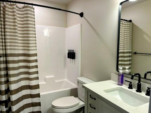 a bathroom with a toilet and a sink and a shower at Teton Duo | Side-by-Side Homes | Hot Tubs+Walkable in Driggs