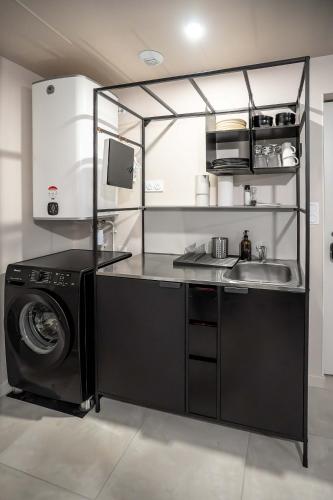 une cuisine avec une machine à laver et un évier dans l'établissement L'Esprit d'Herbin - Un Séjour Abstrait en liaison à Blois, à Blois