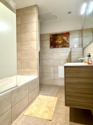 une salle de bain avec une baignoire et un lavabo et une baignoire dans l'établissement appartement hyeres centre, à Hyères