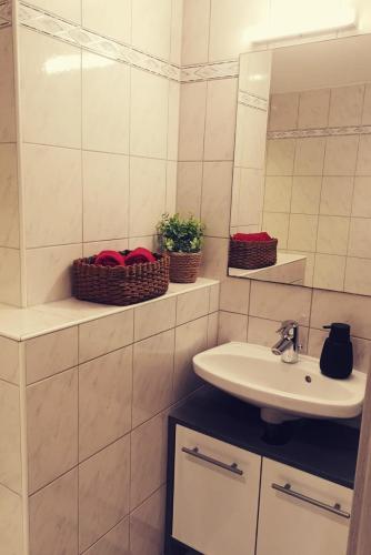 a bathroom with a sink and a mirror and baskets at Ferienwohnung Außerdorf in Wiesing