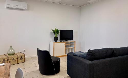 un salon avec un canapé et une télévision dans l'établissement Appartement T2 à proximité du Salagou, à Clermont-lʼHérault