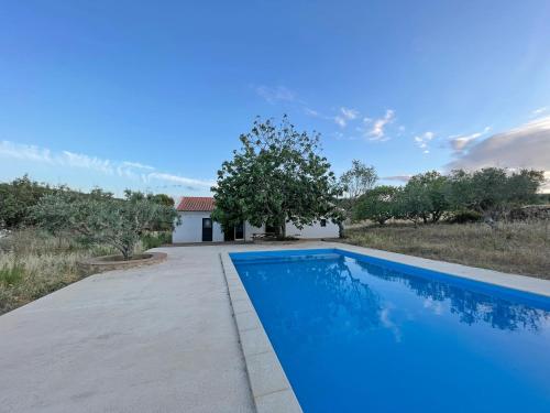 a blue swimming pool in front of a house at Tapada da Figueira by NaturAlegre in Esperança