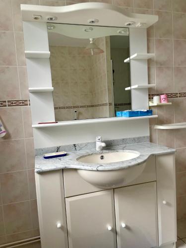 une salle de bain avec un lavabo blanc et un miroir dans l'établissement Ty Albéric, plages et commerces à pied, à Trégastel