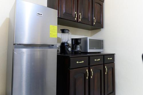 eine Küche mit einem Kühlschrank aus Edelstahl und einer Mikrowelle in der Unterkunft p APARTAMENTOS PETENCHEL, POR AEROPUERTO, SANTA ELENA, FLORES, PETEn 2 in Flores