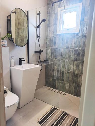 a bathroom with a shower and a toilet and a sink at Sea View Floral Suite - Swimming pool- 2 bedroom in Larnaca
