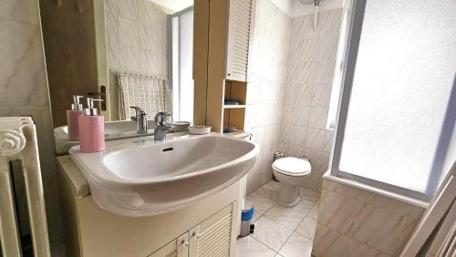 a white bathroom with a sink and a toilet at Al Ludomar, Cozy Flat and Free Park in Rapallo