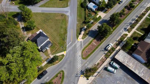 an aerial view of a street with a crosswalk at 1939 Four Bed Rustic Escape by Casino in Ranson