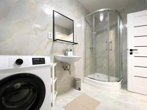 a bathroom with a washing machine and a sink at Rodinný Apartmán s 2 Spálňami in Veľká Lomnica