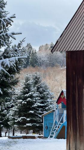 a blue house with a staircase in the snow at Chatka na Lipowych Wzgórzach in Marcówka