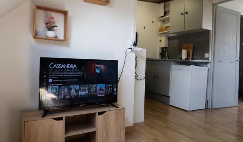 une cuisine avec une télévision à écran plat sur un support en bois dans l'établissement Le Reflet des Hortillons, à Amiens