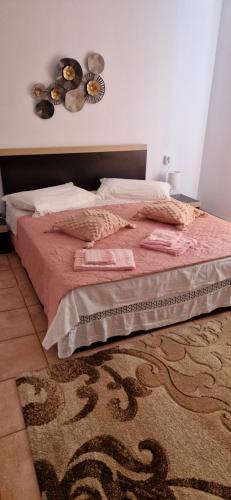 a bedroom with a bed with pink sheets and a rug at Casa de vacanta Musatesti in Robaia
