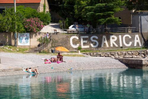 a group of people on a beach near the water at Apartments Sanja in Karlobag