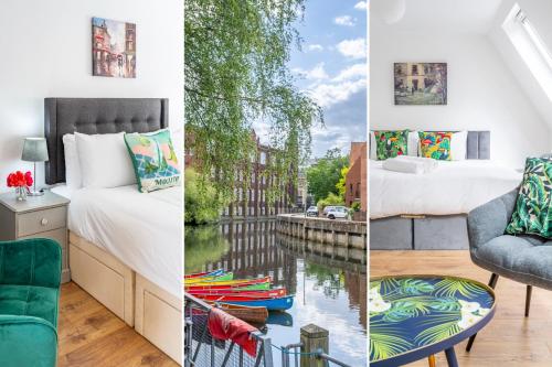 a collage of photos of a hotel room with a canal at Swift Host - Friars Quay - Riverside - Sleeps up to 8 - Free Parking - City Centre in Norwich