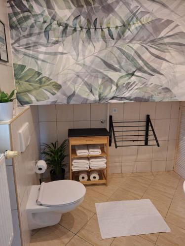 a bathroom with a white toilet and a mural at Apartament Pod Malnikiem in Muszyna