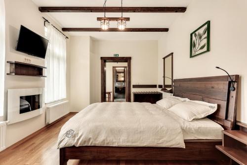 a bedroom with a large bed and a tv at Guest House The Hive in Bled