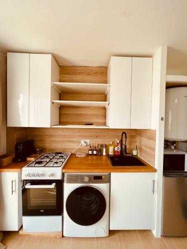 La cuisine est équipée de placards blancs, d'une cuisinière et d'un lave-vaisselle. dans l'établissement Studio Des Pins, à Antibes