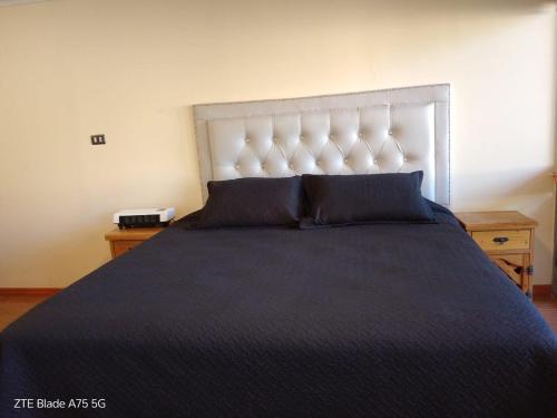 a bedroom with a large bed with a blue comforter at Casa Niwa koi Entre Peces en Paine in Paine