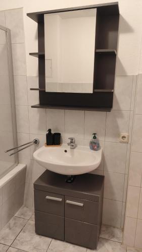 a bathroom with a sink and a mirror at Ferienwohnung Cottbuser City II in Cottbus