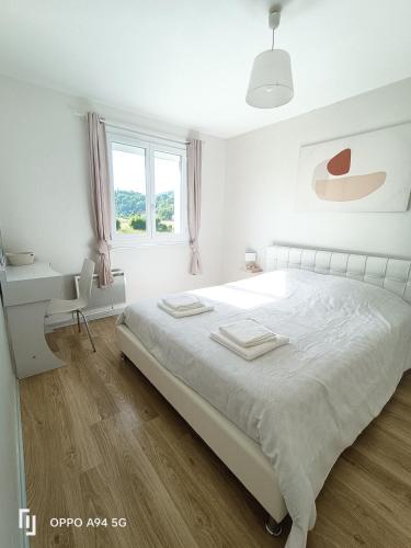 une chambre blanche avec un lit et une fenêtre dans l'établissement Maison des champs et sa grande terrasse privée, à Lourdes