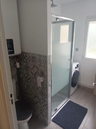 une cabine de douche dans une salle de bain avec toilettes dans l'établissement Maison complètement rénovée 3 chambres, à Chambly