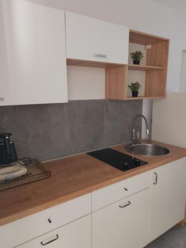 a kitchen with white cabinets and a sink at Ivana apartman 3 in Lovište