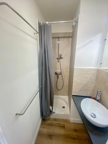 une salle de bain avec un lavabo et une douche dans l'établissement Beautiful Private rooftop with sea view 4 people, à Saint-Raphaël