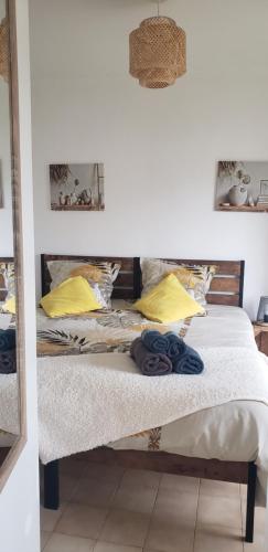 - une chambre avec 2 lits et des oreillers jaunes dans l'établissement Hon Ti Bihan, à Henvic