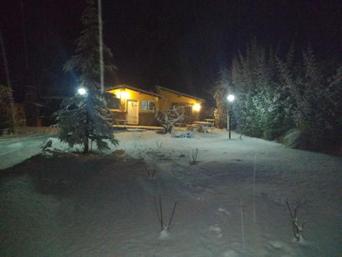 a cabin in the snow at night with lights at Anto'n casa de montaña in Potrerillos
