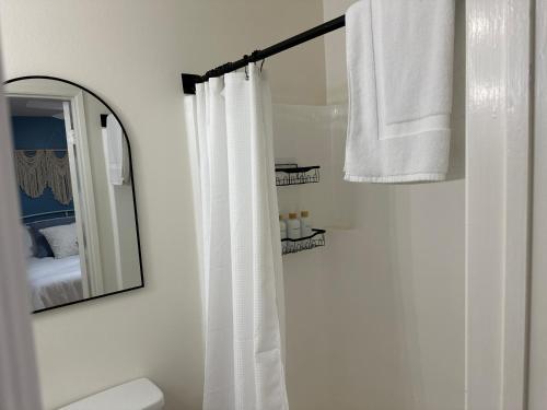 a bathroom with a shower curtain and a mirror at NEW Beach Home with Canopy Bed and Work Spaces in Manhattan Beach