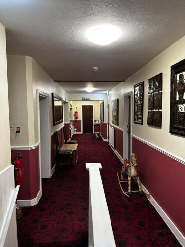 a hallway of a hospital with a dog sitting in the middle at Barons Court Hotel in Wolverhampton