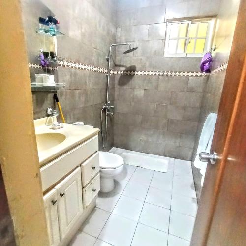 a bathroom with a sink and a toilet and a shower at Paraíso Hortensia Honeymoon Suite in Santiago de los Caballeros