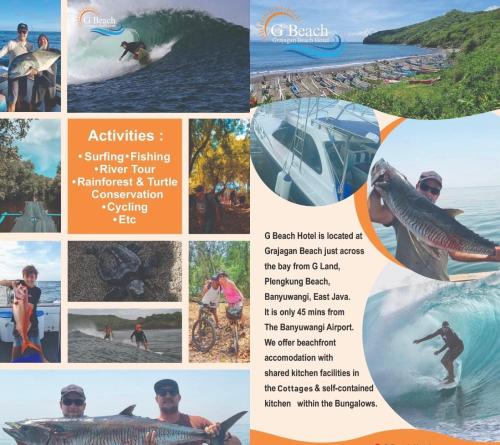 a collage of photos of people on the beach and a flyer at G Beach Hotel in Grajagan